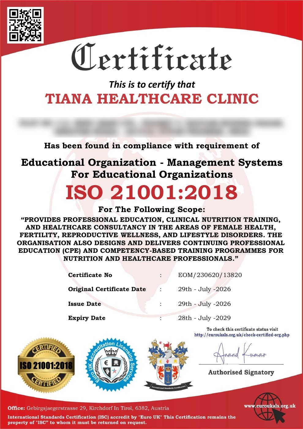 Tiana Healthcare Clinic ISO 21001:2018 educational organisation management certificate