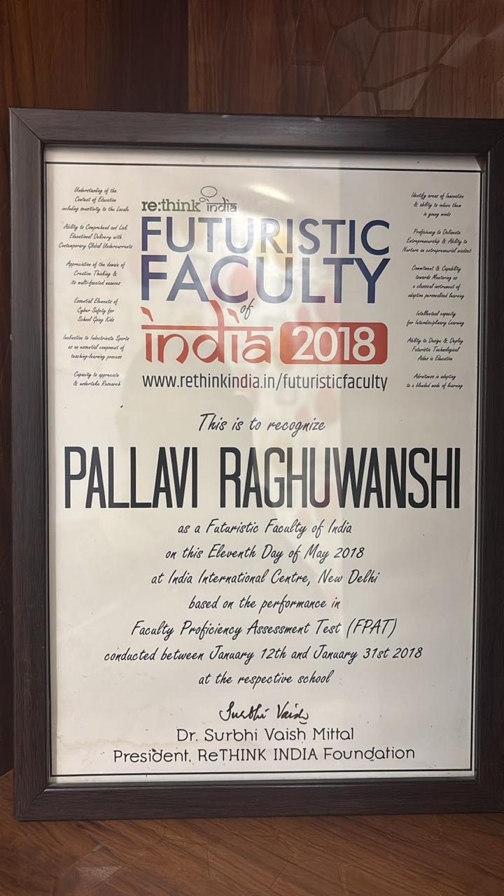 Futuristic Faculty of India 2018 certificate awarded to Pallavi Raghuwanshi