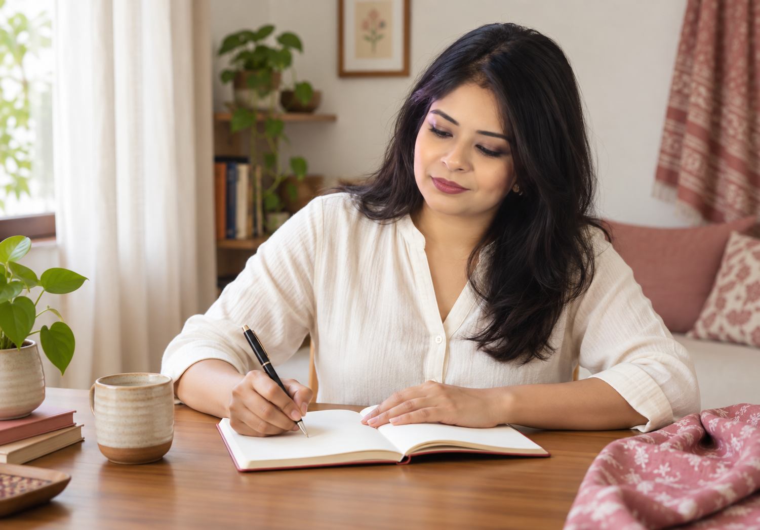 A woman journaling peacefully beside a window